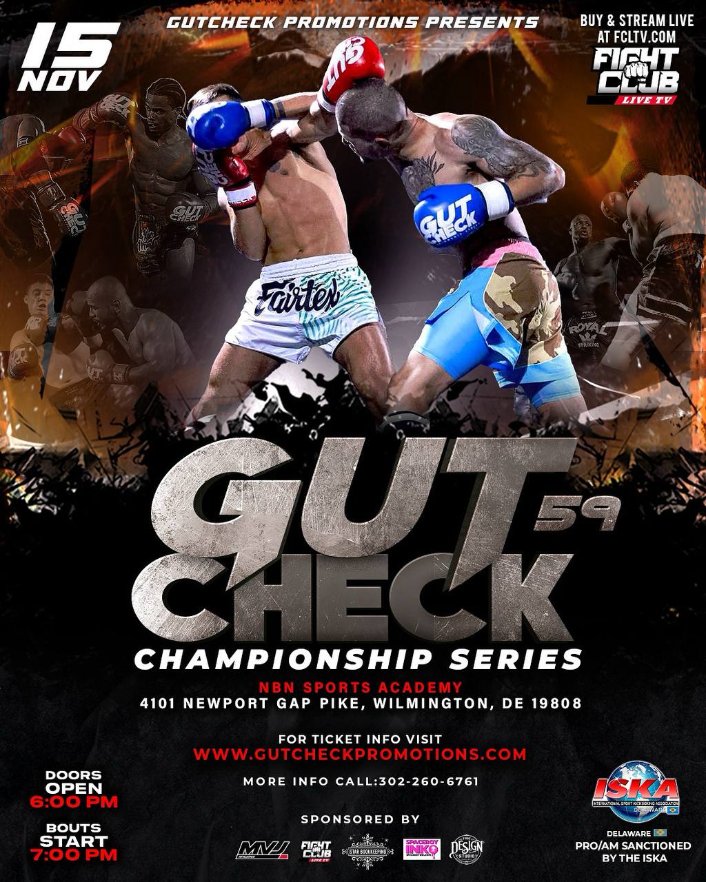Official fight event poster for Gut Check Championship Series 59 - Delaware Muay Thai & Kickboxing | November 15th, 2025