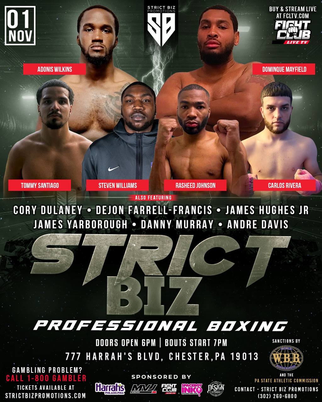 Official fight event poster for Strict Biz Promotions Boxing Event: Harrah’s Philly Nov 1, 2025
