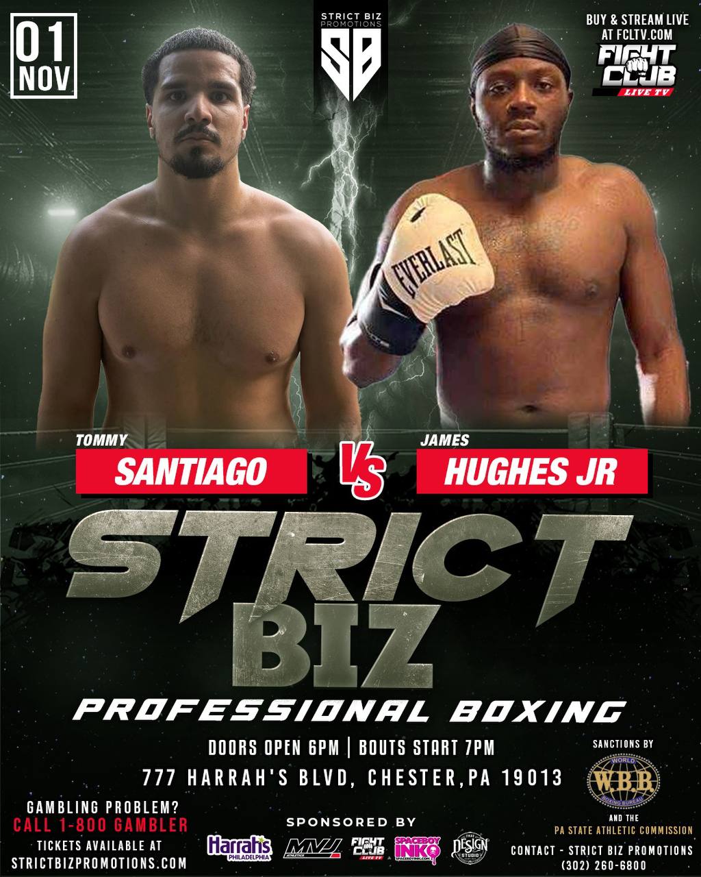 Poster for Strict Biz Promotions Boxing Event: Tommy Santiago vs. James Hughes Jr. at Harrah’s Philadelphia Casino in Chester, PA
